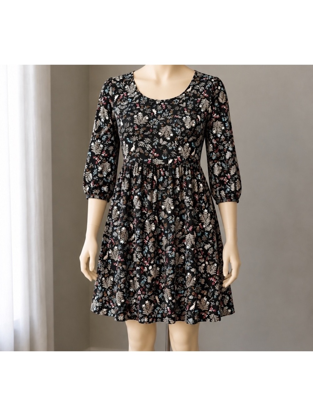 Old Navy Women’s L Black Woodland Bunny Floral Babydoll Dress Rayon Cottagecore